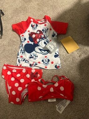 Disney Girls Minnie Mouse Rash Guard Swim Top in Red, White & Navy